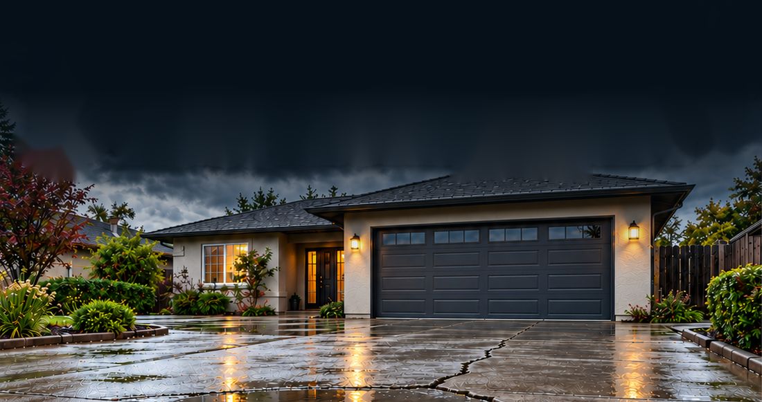 Wet concrete driveway with a crack in front of a home under storm clouds